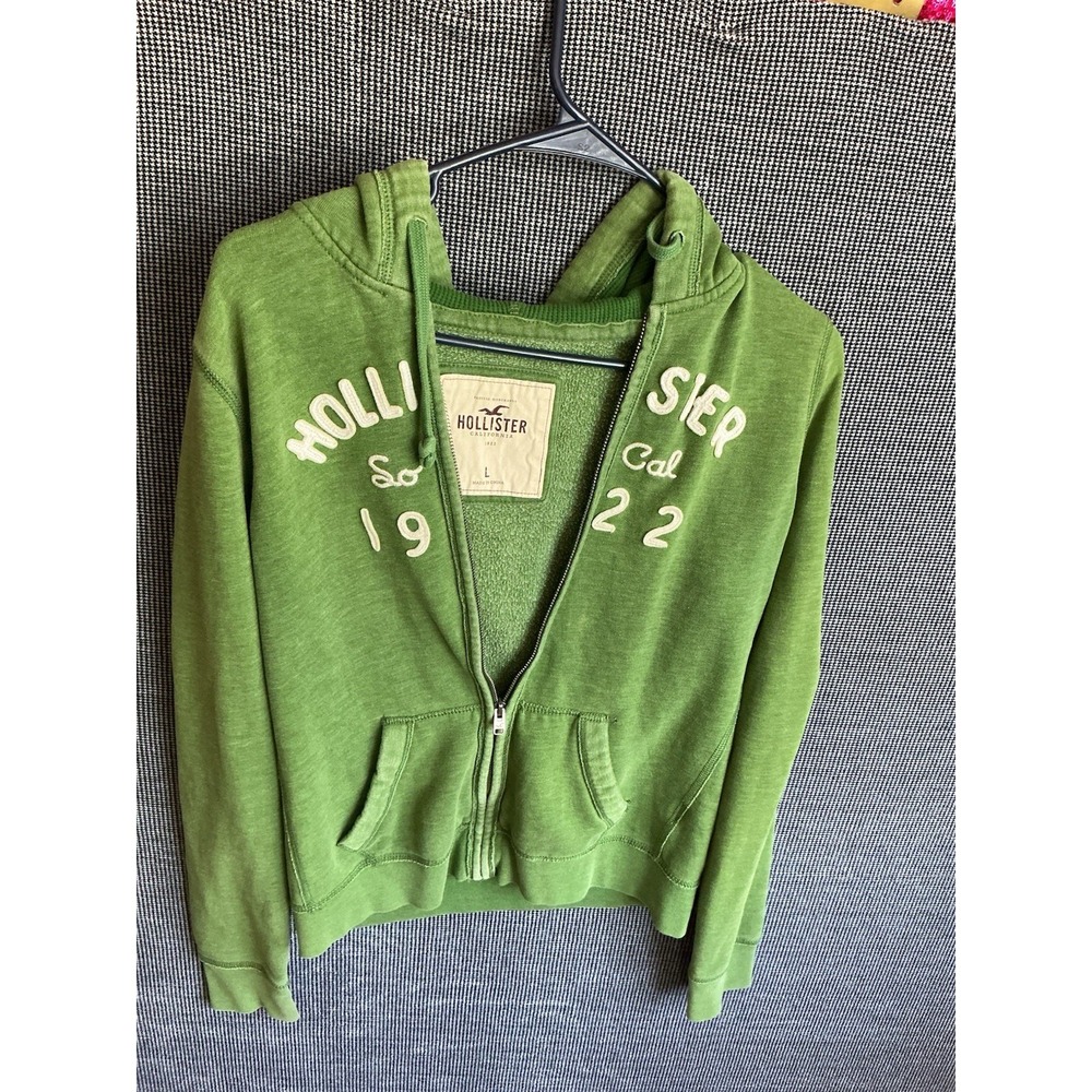 Hollister Full Zip Green Hoodie Womens Size L Graphic Logo Y2K Preppy